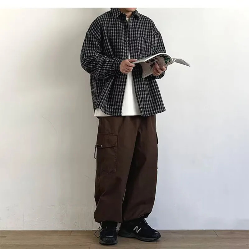 Spring Casual Shirt Men Vintage Check Baggy Long Sleeves Preppy Rollneck Cargo Tops Japanese INS Oversize Jacket Unisex 250226