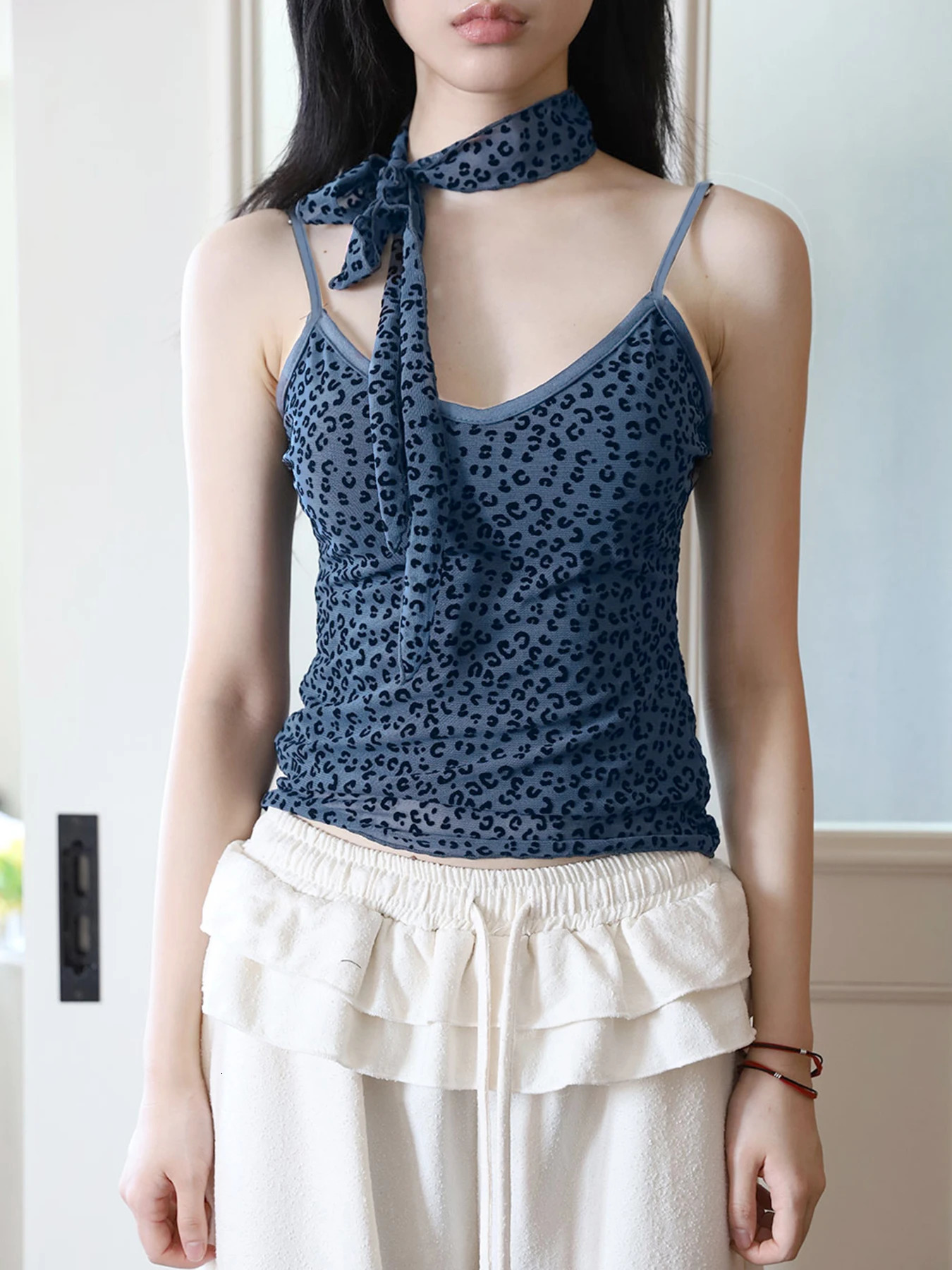 Sweetown Y2k Leopard Print Korean Style Womens Halter Tops Ribbons Basic Causal sweet Chic Blouses Trendy 250227