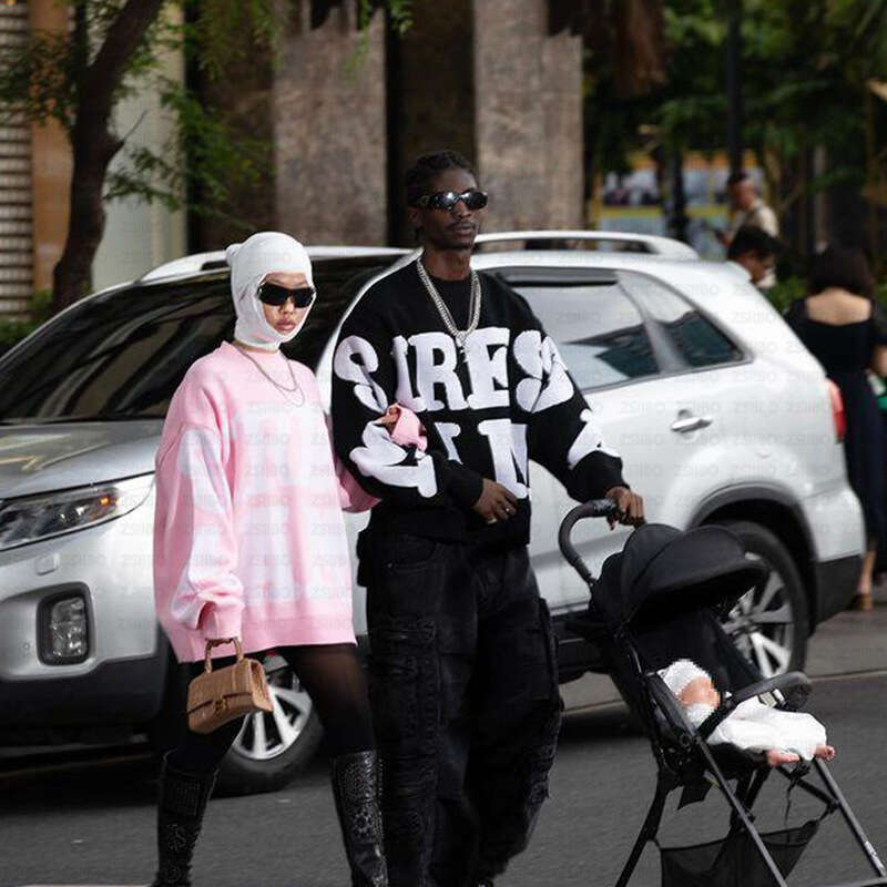 Lazy style letter jacquard casual fashion round neck versatile knitted sweater couple top