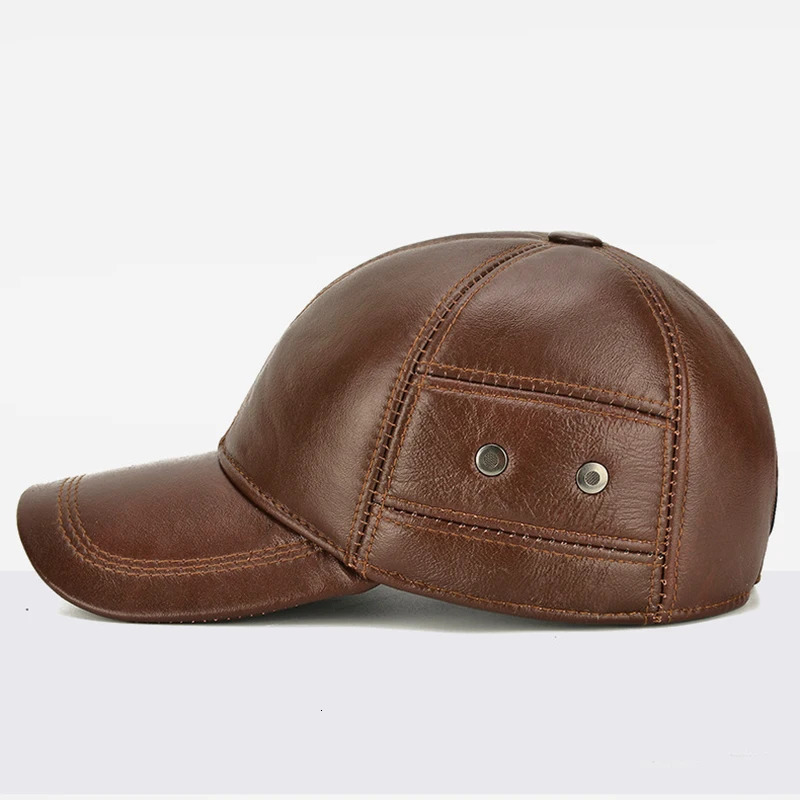 2025 Style Men Cowhide Hat Winter Warm Outdoor Protect Ear Real Leather Adjustable Baseball Cap Men Real Cowhide Leather Cap 250303