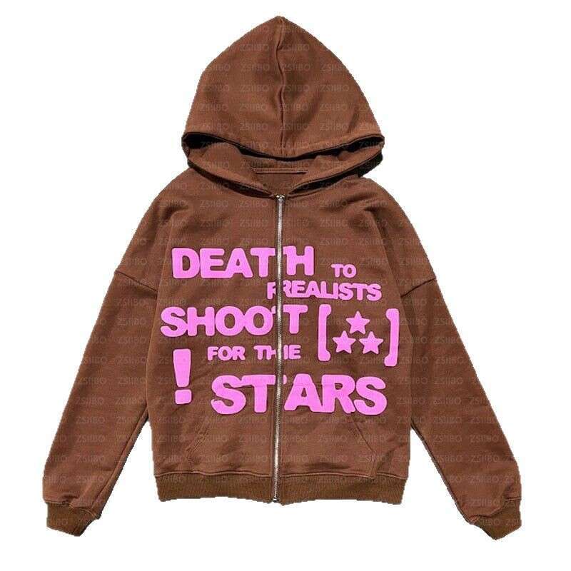 Trendy brand casual hip-hop personality Kpop style letter foam printed zipper hooded long sleeved sweatshirt for women