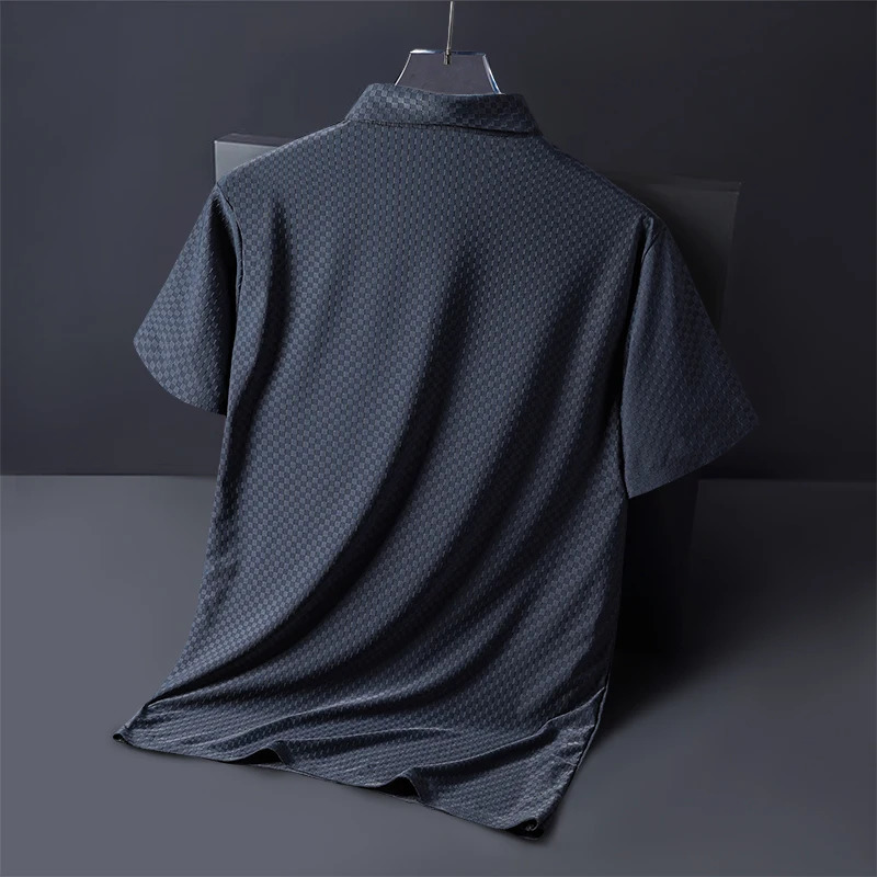 Spring and summer nylon spandex mens short sleeved mens T-shirt mens ice silk traceless plaid thin business lapel polo s 250225