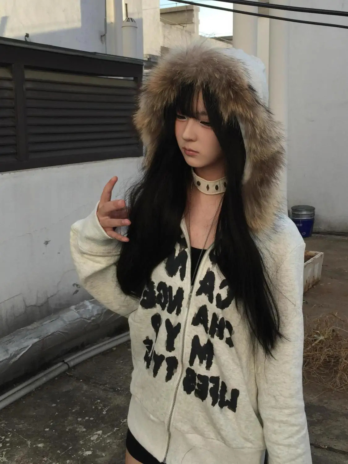 Y2k INS Retro Fur Collar American Zipper Hooded Sweater Women Autumn and Winter Korean Version Of Thick Silver Fox Velvet Coat 250226