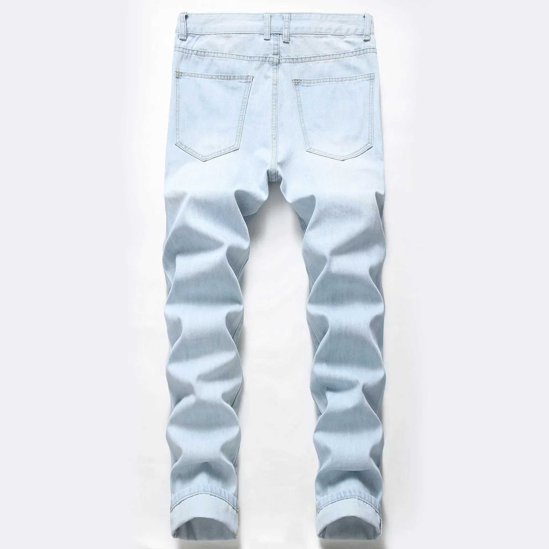 Light Blue Ripped Jeans Mens Fashion Moto Personalized Street Hole Pants Slim Stretch Male Punk Rock Denim Trousers X250227