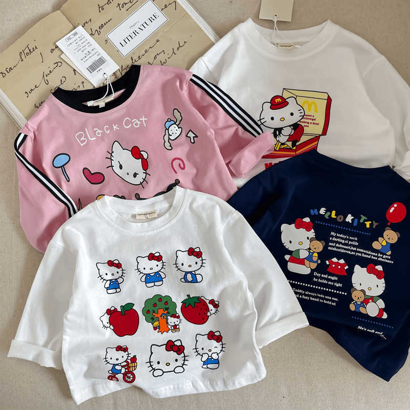 T-shirts Childrens T-shirt 2025 autumn new item for boys and girls ins cotton long sleeved T baby HELLO cat loose long sleeved base shirtY250227X9HI