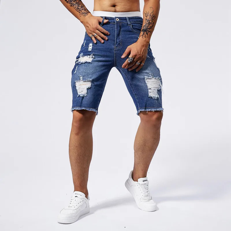 2025 Summer Mens Ripped Denim Shorts Fashion Vintage Hole Streetwear Stretch Slim Knee-length Short Pants Trendy Male 250226