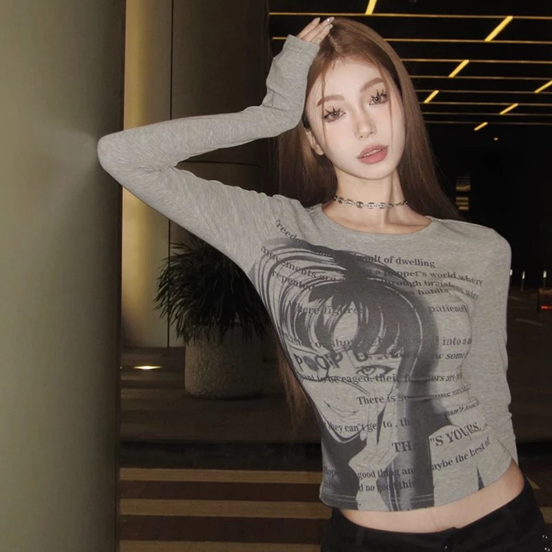 Vintage Women Y2K Clothes Tshirt Cotto Blouses Oneck Long Sleeve Tops Print Tunic Grunge Woman Clothing Fashion Casual Crop Top 250226