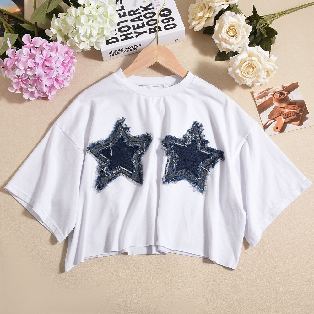 Designer's New Women's Sexy Loose Crop Exposed Star Denim Patch Round Neck Short Sleeved T-shirt Top