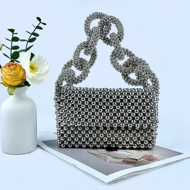 High quality silver acrylic bead night bag with ious n small square womens wedding party shoulder 250226