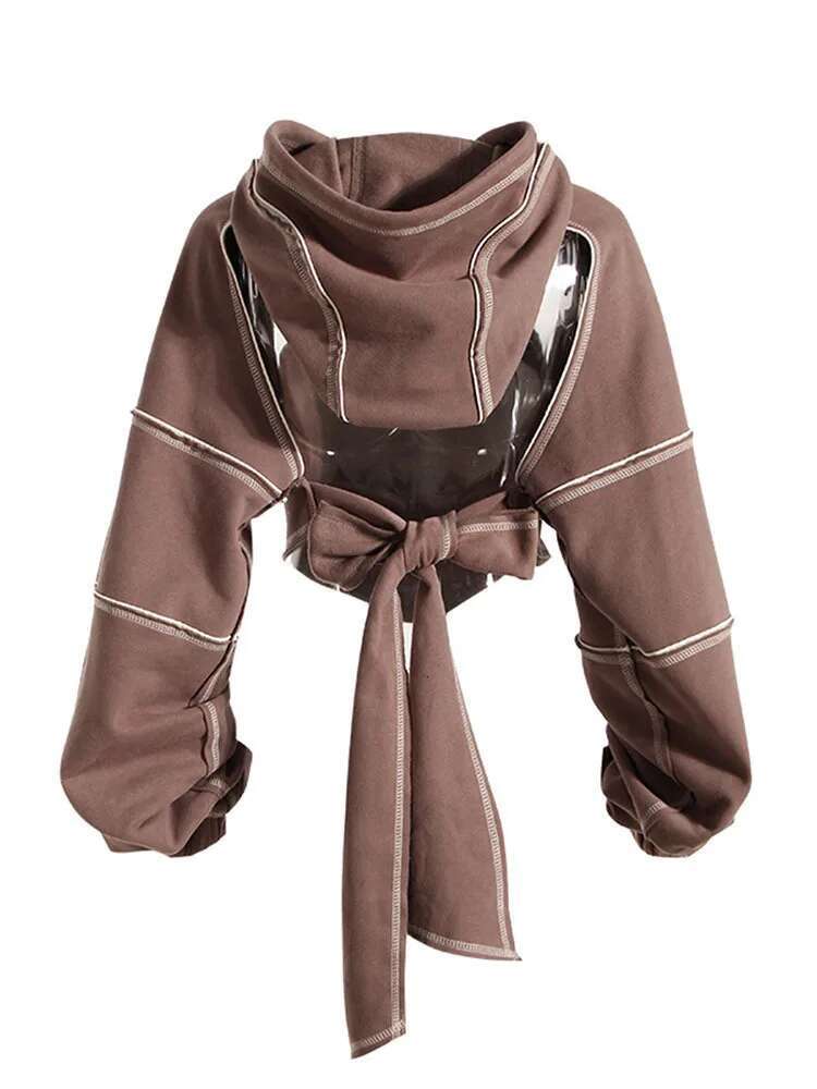 DEAT Fashion Women's Hoodies Contrast Color Open e Hooded Cut Out Backless Bandage Sweatshirt Autumn 2025 New 1DF1820