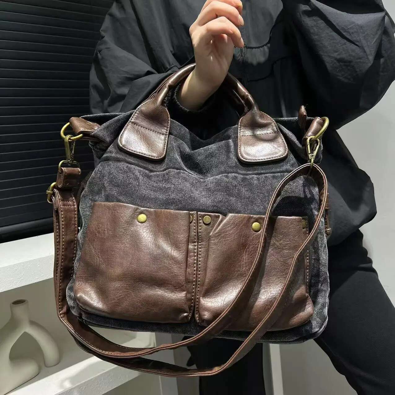 Vintage Denim Splicing Square Tote Bags For Women Designer Handbags Purses 2024 New In Large Capacity Shoulder Crossbody