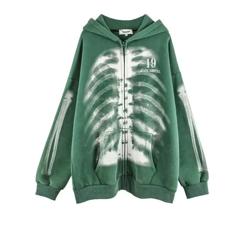 Super Dalian Hoodie Womens Washed Old Skeleton Printed Mens Retro Zipper Open Collar Y2k Clothing 250226