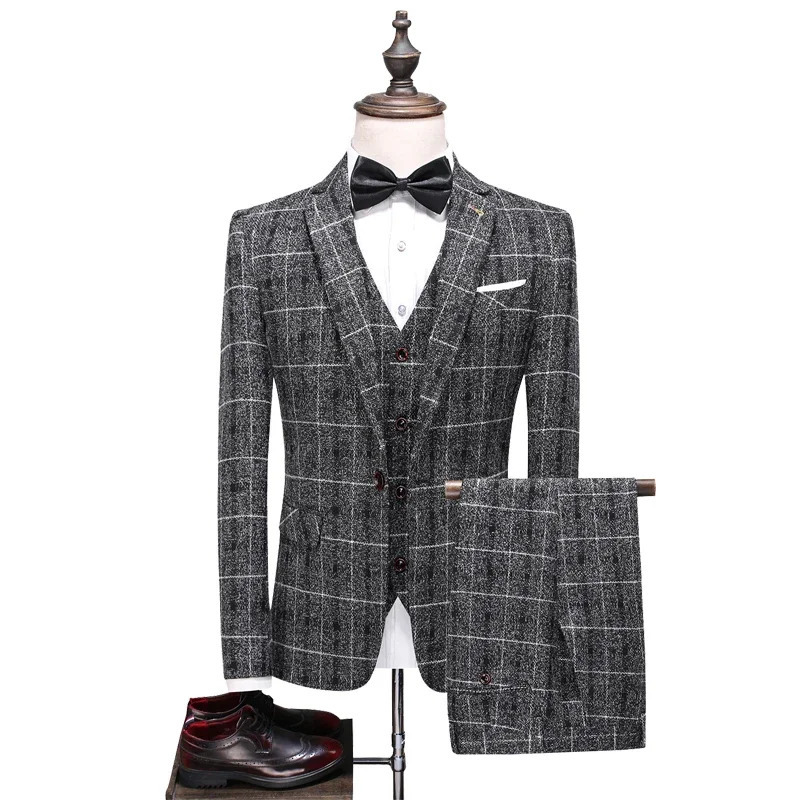 Elegant Mens Suit Blazer Vest Pants Mens Fashion Business Gentleman Wedding Casual Plaid Cotton Linen British Suit 250222