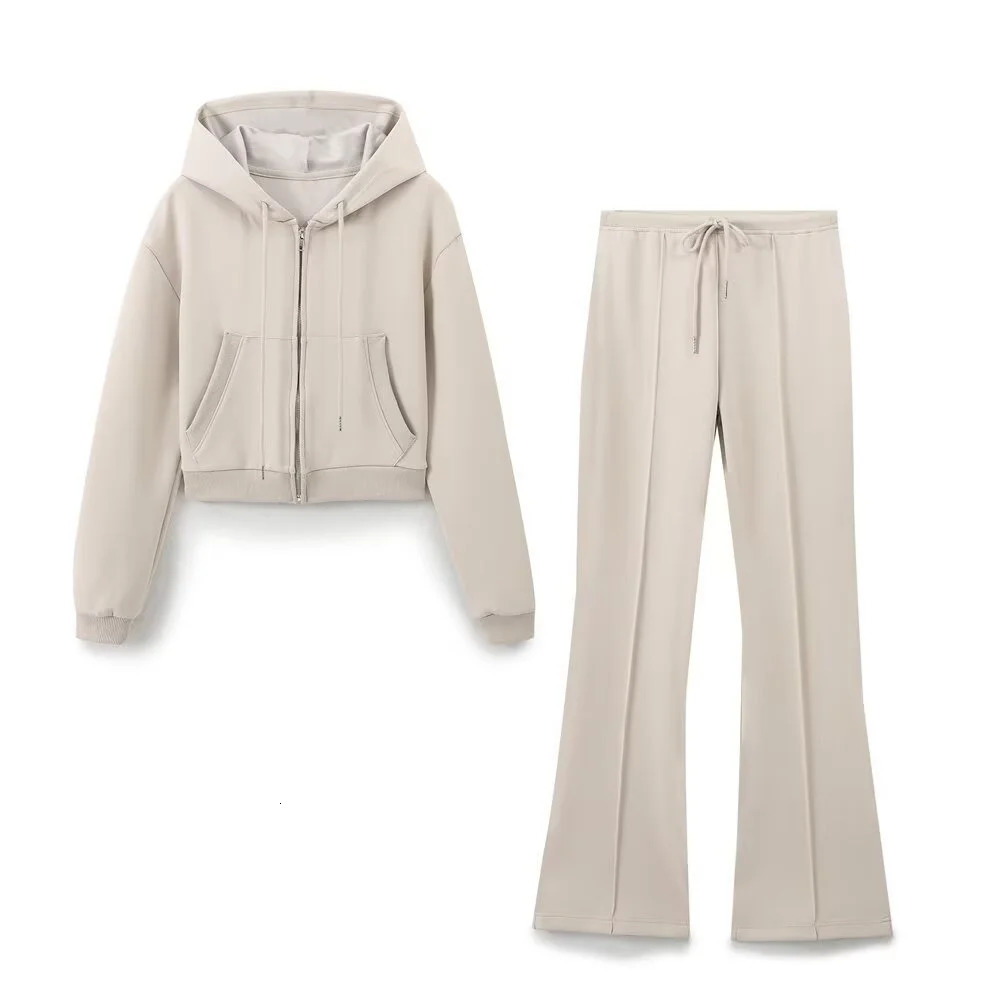 Taop Za Autumn womens fashionable casual zipper decoration hooded long sleeved sweatshirt jacket trumpet pants set 250226