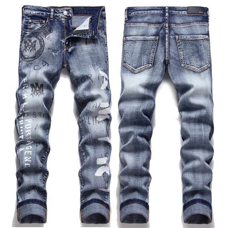 Slim-fit American Street Elastic Retro Cotton Print Hole Trendy Mens Fashion Niche Jeans Chaonan Collocation X250227