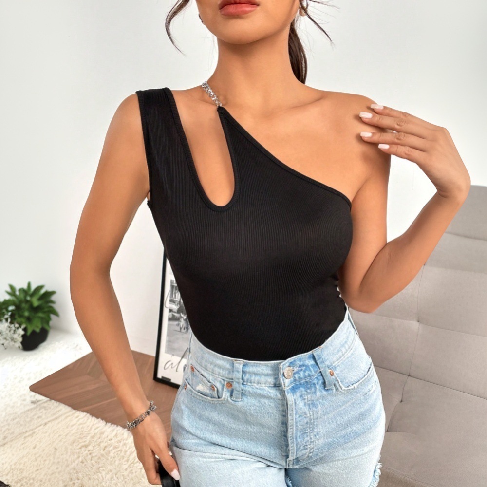 2025 Spring/Summer New Ins Women's Sexy Hollow Collar T-shirt Sleeveless Off Shoulder Slimming Top