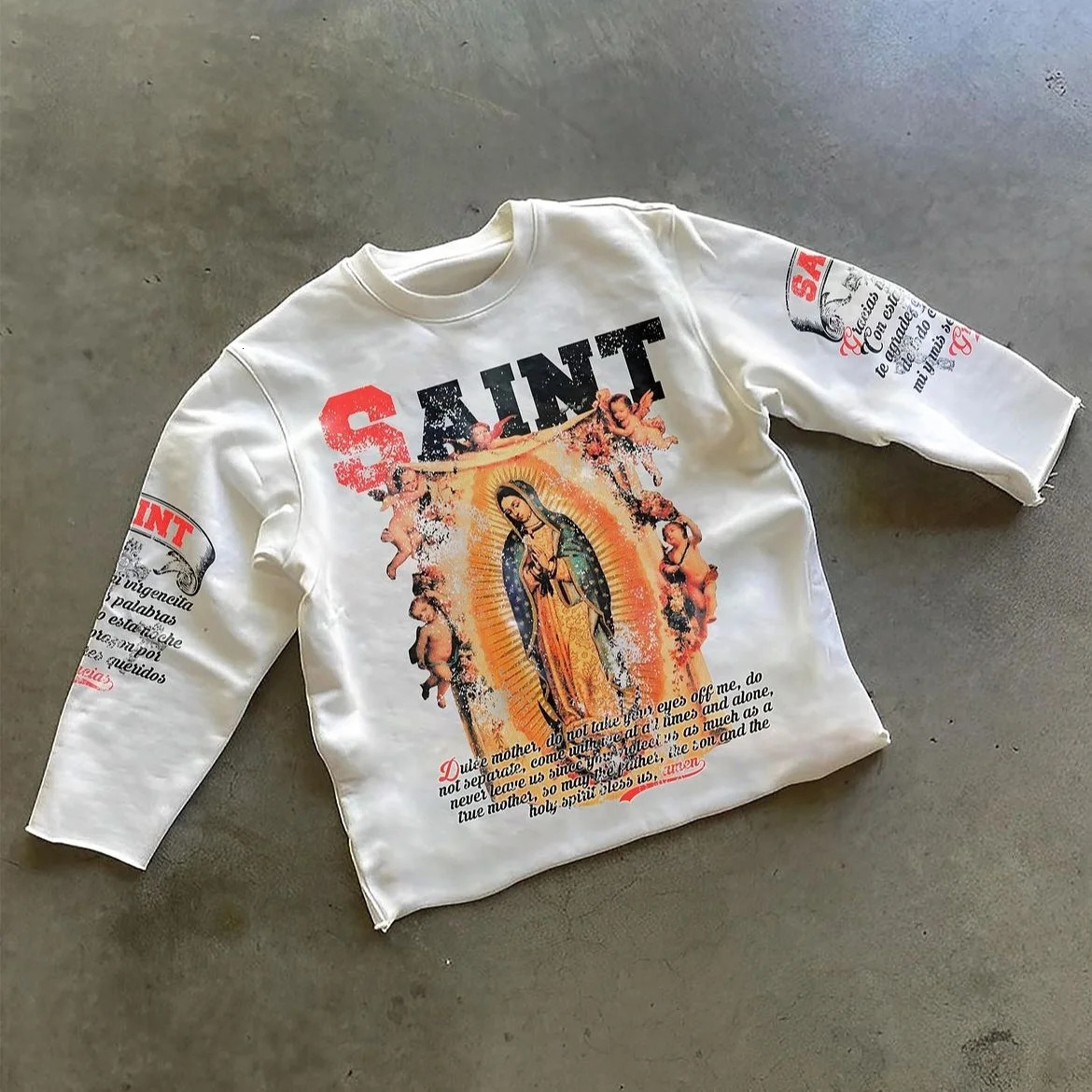 Classic Character Printed T-shirt Pure Cotton Oversized Long-sleeved Shirt Retro Street Casual Gothic Printed T-shirt Lovers 250227