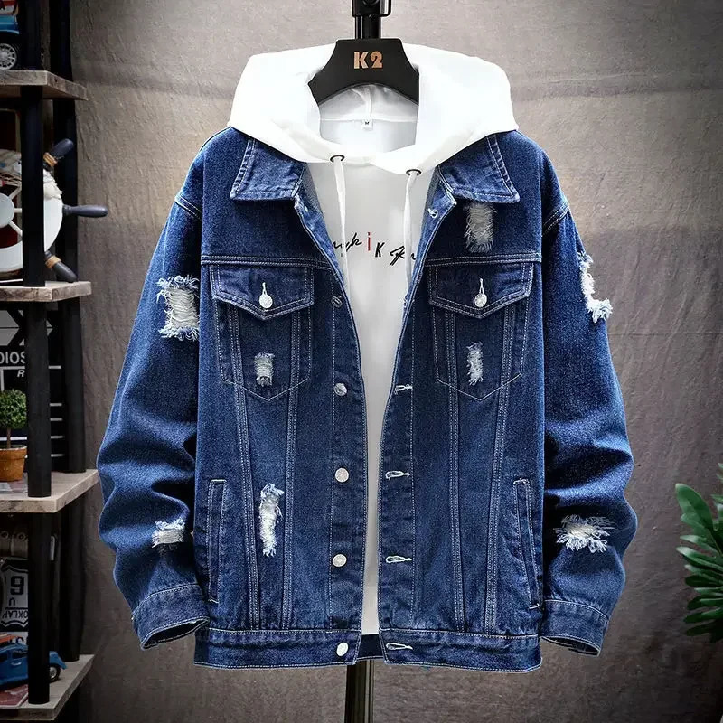 Mens Denim Jacket Ripped Hole Single Breasted Coats Spliced Outerwear Jackets Pockets Casual Loose Washed Distressed 250225