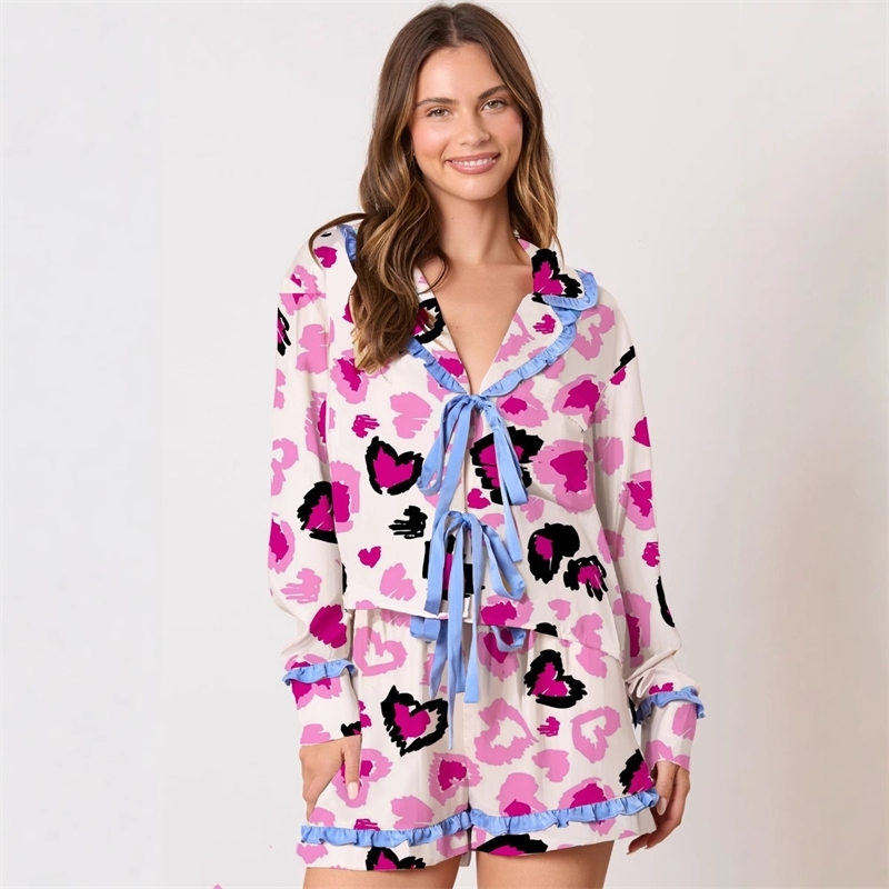 Women Tracksuits Two Pieces Set 2025 New Pleated Long Sleeved Thin Printed Valentines Day Series Pajamas Casual Set 5 Colors