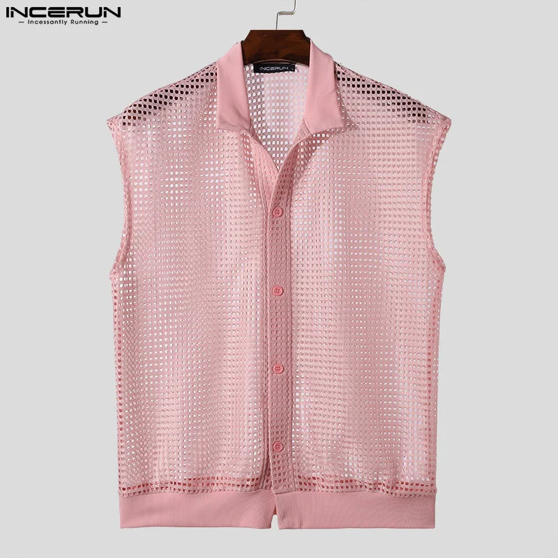 Mens Shirt Hollow Out Transparent Mesh Solid Lapel Sleeveless Summer Men Clothing Streetwear Casual Vests Shirts INCERUN 250224