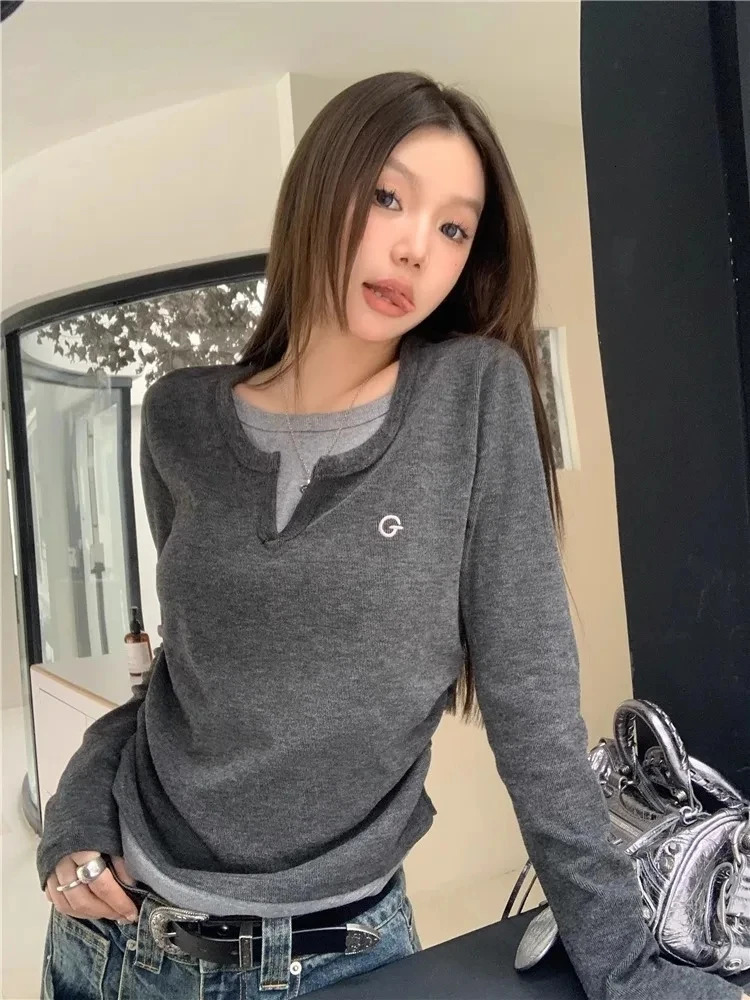 Autumn Winter Long Sleeves Korean Fashion Style Oneck Tshirt For Women two items Tshirts Ladies Top Tee Clothes 250226
