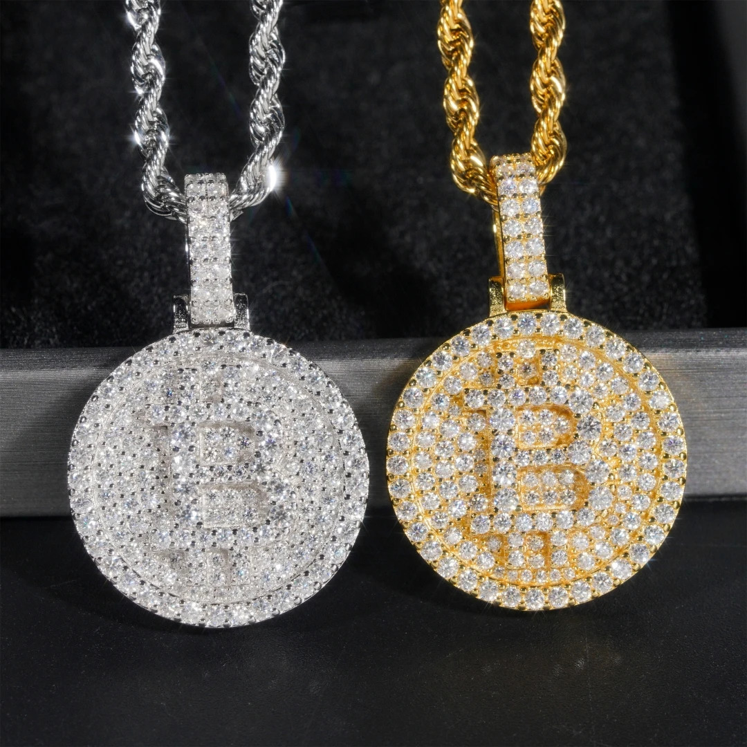 Hip Hop Iced Bitcoin Pendant 925 Sterling Silver D Color Diamond Pendant Necklace Pass Test 250227