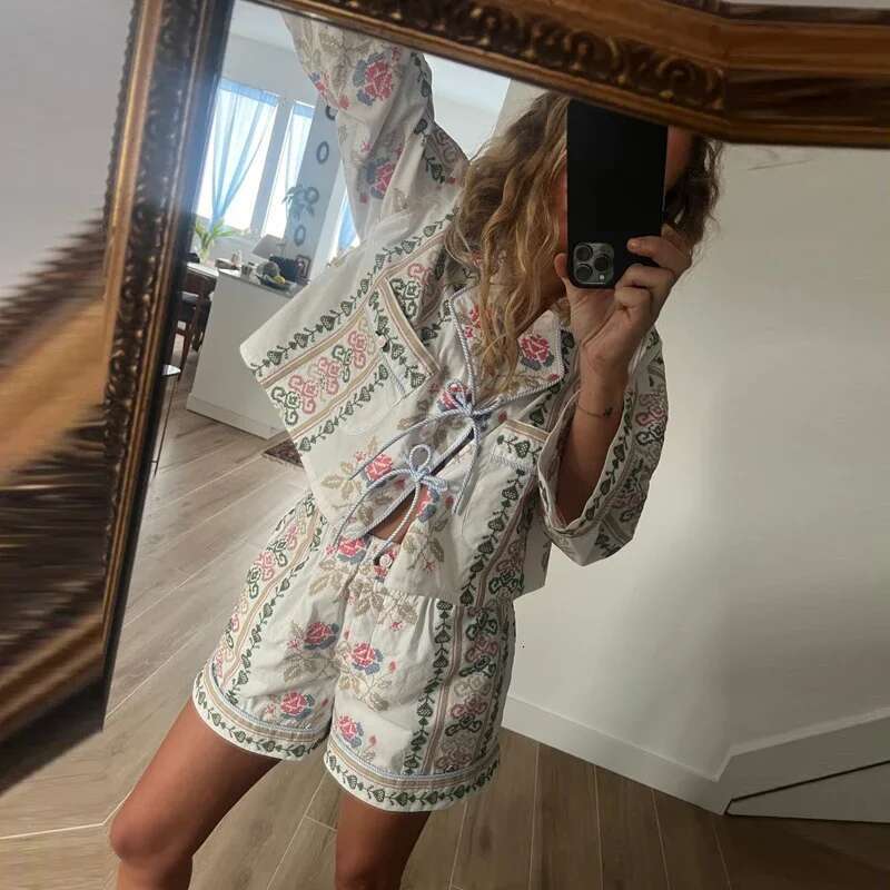 Haruku Fashion Ral Print Short Sets Women Spring Turn-Down Collar Lace-Up Bowknot Suit Autumn Long Sleeve Two Piece Outfits