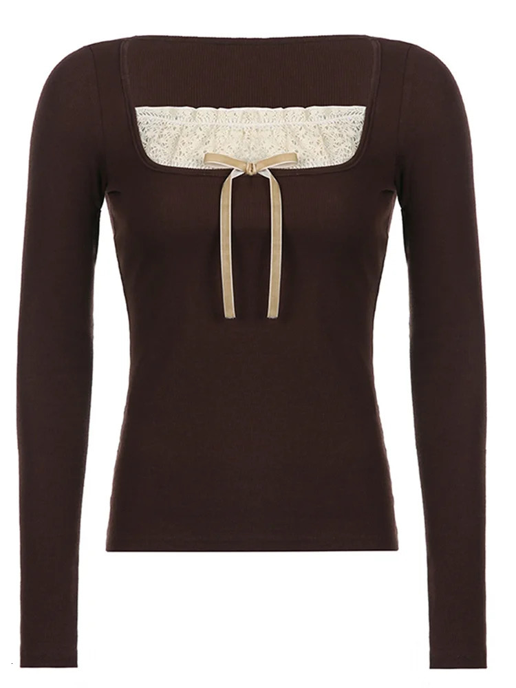 Y2k Womens Long Sleeve Knitted Tops Lace Stitching Neckline Knitwear Bowknot Decoration SlimFit Tshirt Pullovers Clubwear 250226