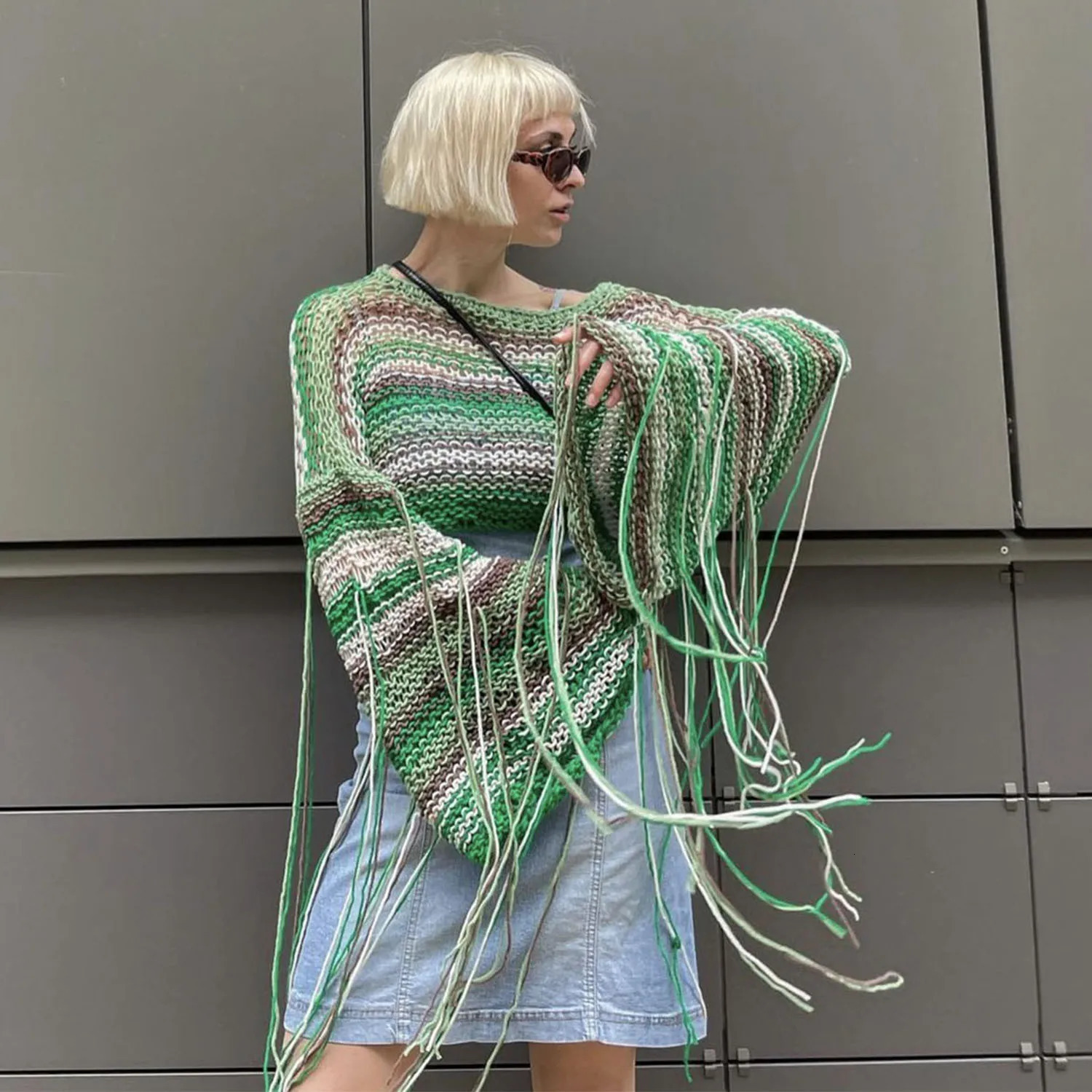Sexy Colorful Knitted Casual Crop Top Women Long Sleeve Tassel Sweaters 2024 Summer Beach Harajuku Lolita Cover Ups Y2K Clothes 250225