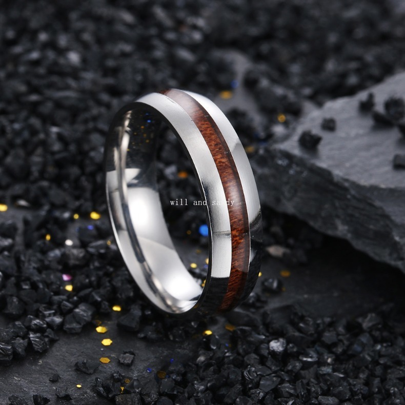 6MM Inlay Stainless Steel Wood Rings Band Tail Mens Engagement Wedding Ring for Men Gold Silver Black Hip Hop Jewelry