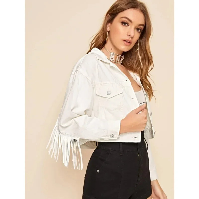Womens White Jacket Spring and Autumn Tassel Denim 250227