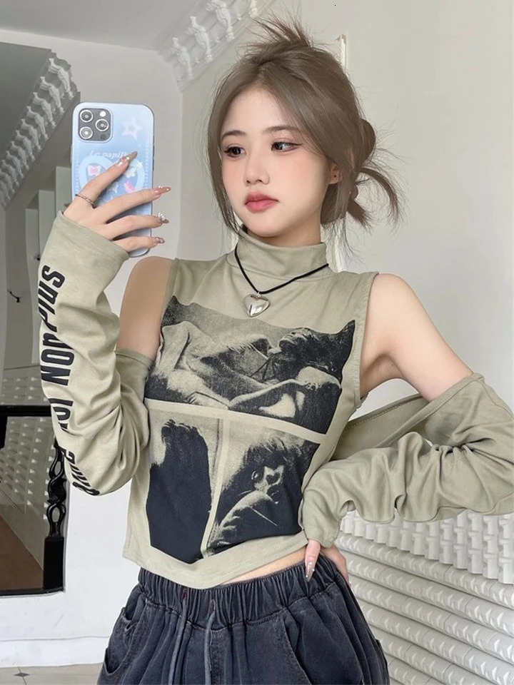 Zoki Sexy Cropped Y2K T Shirts Women Hollow Out with Sleeves Slim Tops Vintage American Harajuku Turtleneck Female Punk Tees 250226