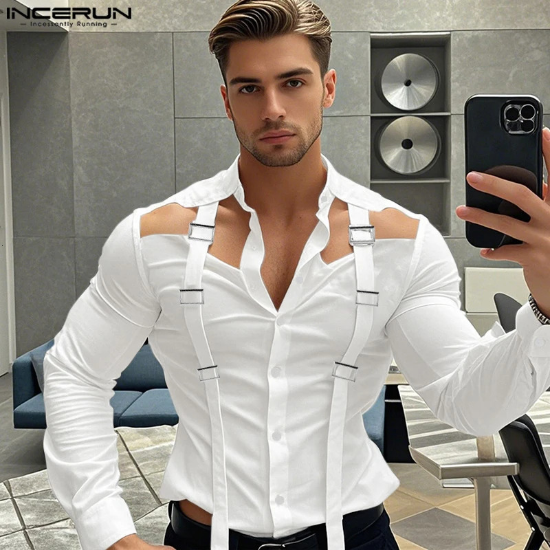 INCERUN Mens Selling Tops Stylish Hollow Ribbon Metal Buckle Shirts Handsome Male Solid Long Sleeved Casual Blouse S-5XL 250224