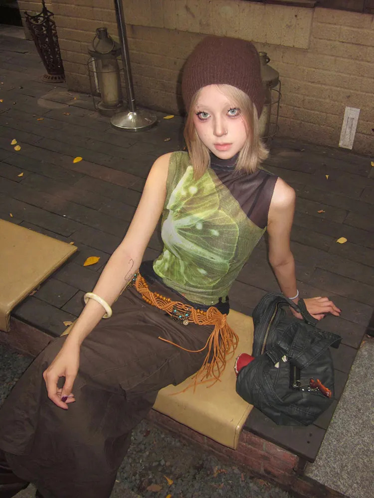 Yedinas Sheer Mesh Tank Tops Patchwork Sleeveless Tshirts Korean Fashion Summer Tops Gothic Tank 90s Chic Streetwear 250226