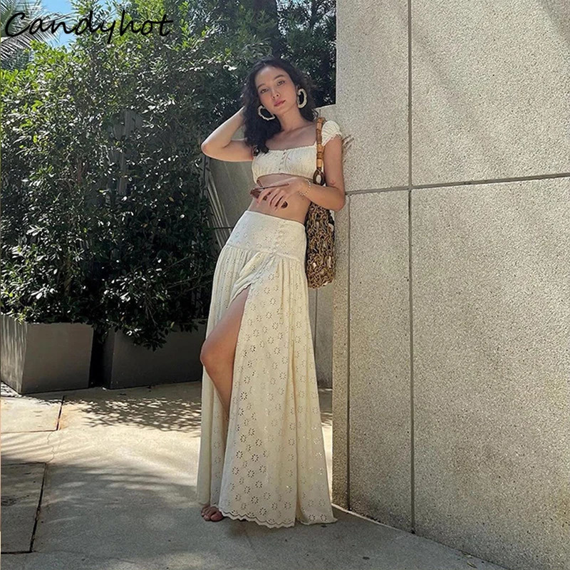 Candy Y2K Lace Floral Two Piece Sets Summer Elegant Outfits Square Neck Front Breasted Crop Top Long Dress Sets Festival Club 250226