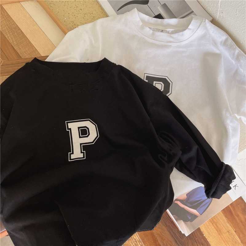 T-shirts Cotton boys T-shirt long sleeved autumn clothes childrens letter printed top womens baby base shirt spring and autumn childrens clothingY2502