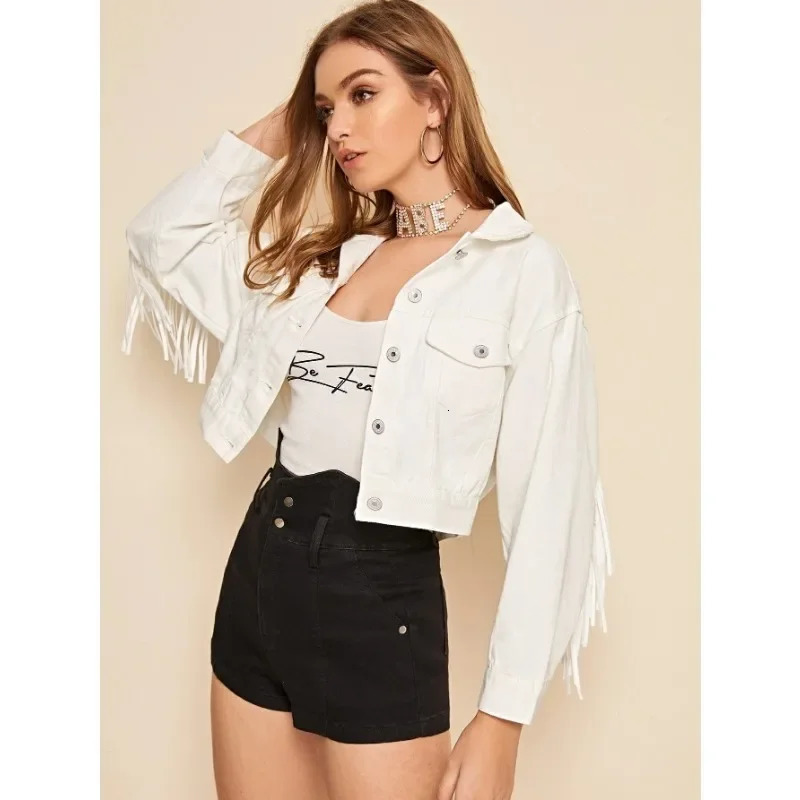 Womens White Jacket Spring and Autumn Tassel Denim 250227