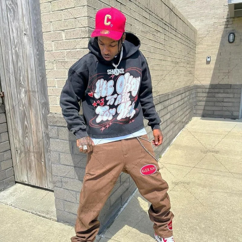 European and American Trendy Streetwear Y2K Harajuku Colorful Hoodies Men Retro Letter Print Oversized Sweatshirts Couples 250227