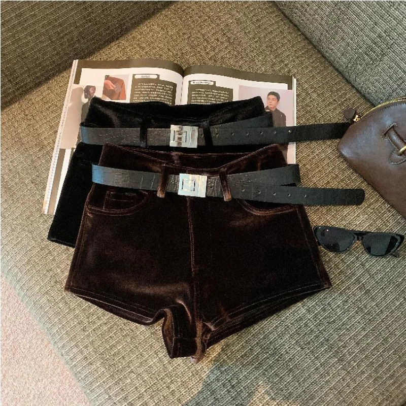 Bomon Fashion Y2K retro Fall 2000s Womens Clothing High-Waisted Velour Shorts Solid Color All-In-One Straight-Leg Pants 250225