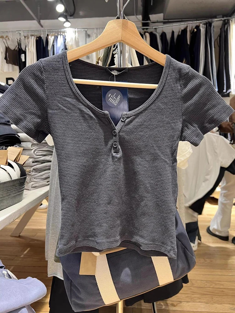 Retro ultrathin striped button tee womens casual round neck summer short sleeved crop top fashionable Y2k streetwear classic cotton Tshirt 250226