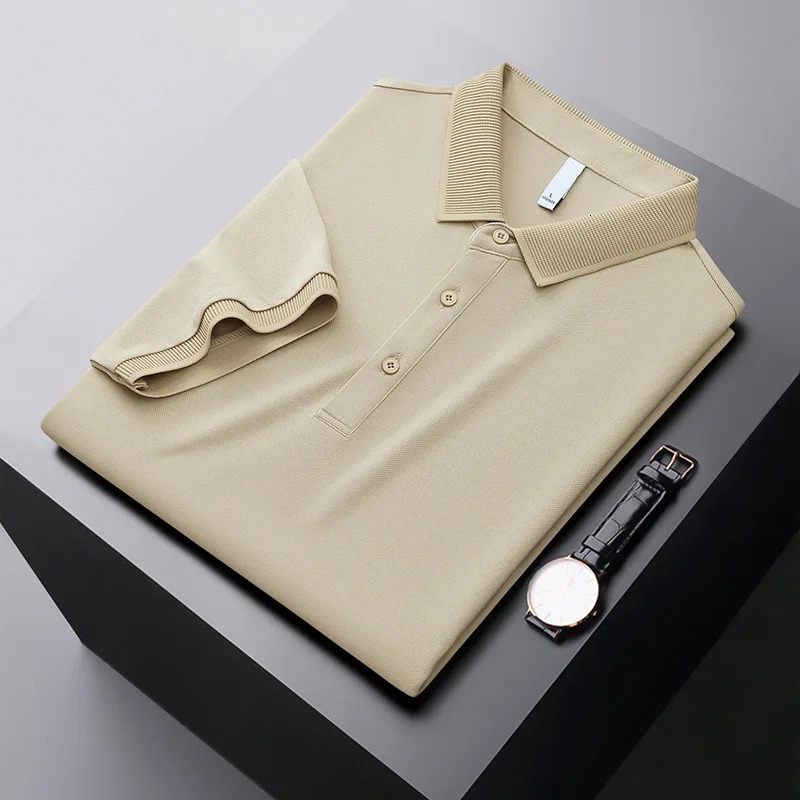 British Style Summer Solid Color Short Sleeve Polo Shirts Men Silkworm Silk Business Male Formal Wear Slim Fit Tee Shirt 250225