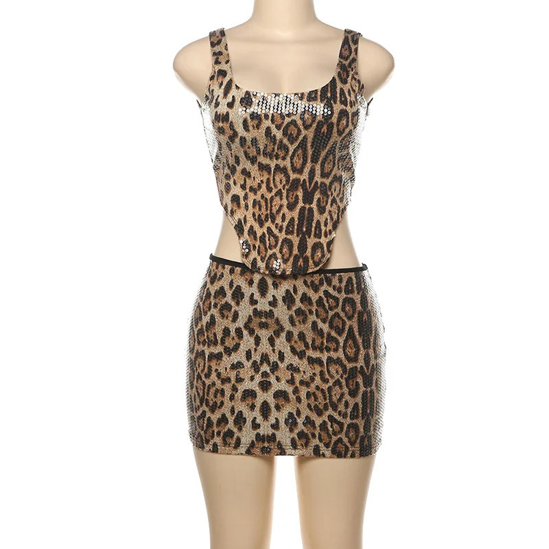 Leopard Print Sequins Two Piece Set Women Sexy U-neck Sleeveless Backless Irregular Tank Crop Tops Mini Skirts Party Clubwear 250227