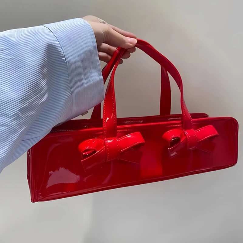 Moto & Biker Y2k Bags For Women Designer Handbags And Purses 2023 New In Fashion Bright Leather PU Bow Square Top Handle