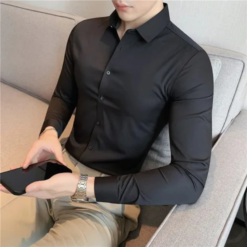 Mens Long Sleeved Elastic Shirt No Ironing Business Wear Professional Workwear Stand Up Collar Shirt Casual Solid Color Shirt 250224