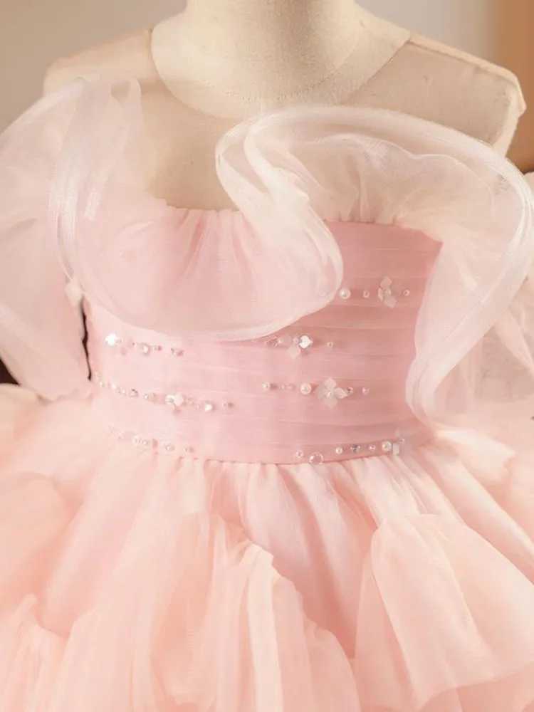 Girl's Dresses New Childrens Princess Evening Gown Mesh Pearls Sleeveless Design Kids Wedding Birthday Baptism Party Dresses For Girls A3648 Y250