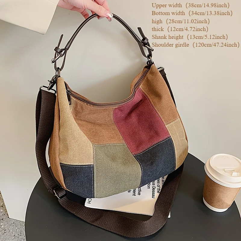 Ship from US Retro Patchwork Canvas Hobo Bag | Fashion Shoulder Tote Vintage Style Handbag With Adjustable Strap Chic Casual Daily Purse 250227FBB