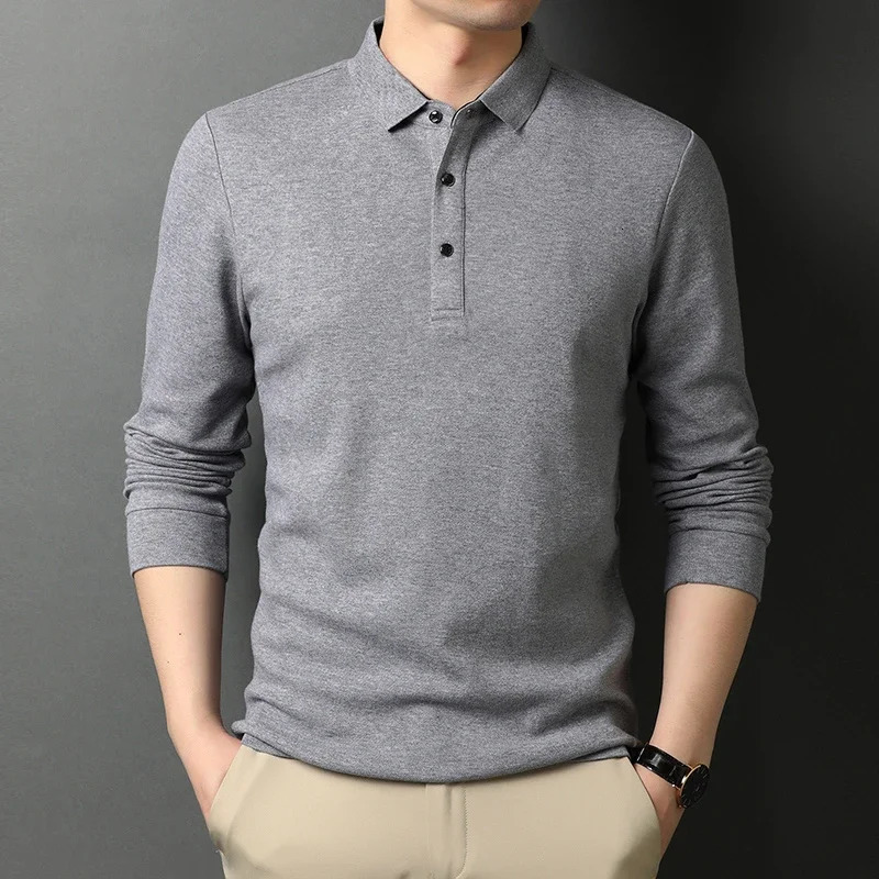 Mens Casual Long Sleeve Polo Shirt Fashion Solid Color Top 250226