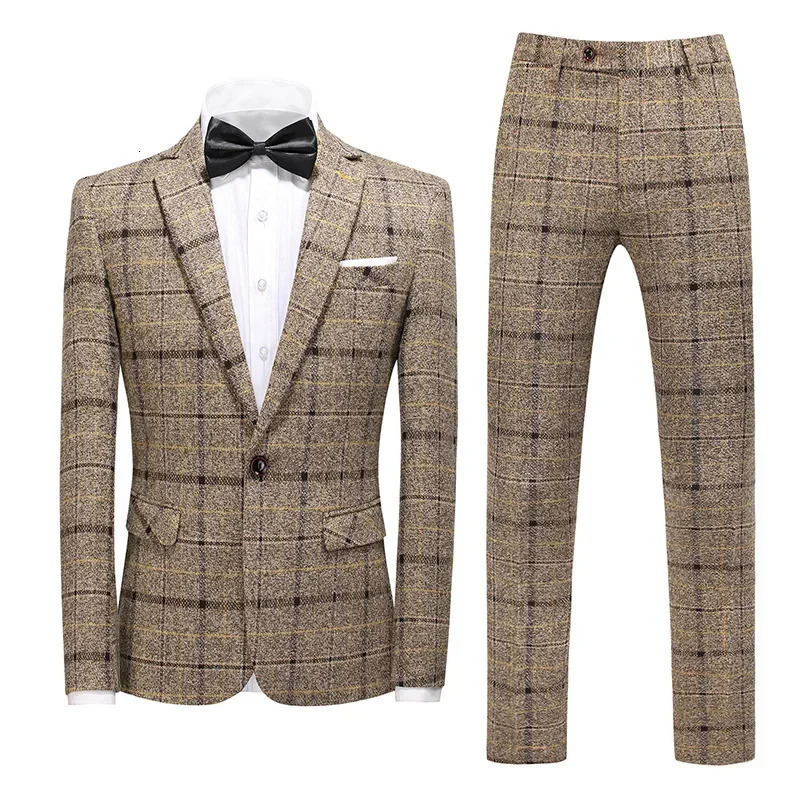 Elegant Mens Suit Blazer Vest Pants Mens Fashion Business Gentleman Wedding Casual Plaid Cotton Linen British Suit 250222