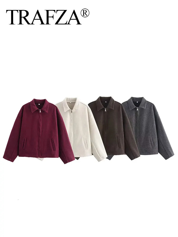 TRAFZA Fashion Brown Zipper Woolen Jacket For Women Elegant Lapel Long Sleeve Short Coats Vintage Autumn Lady Street Outerwear 250227