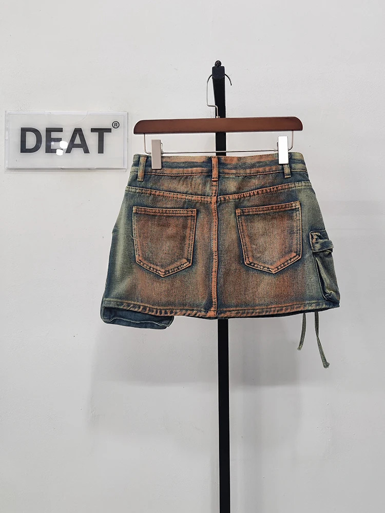 DEAT Womens Denim Skirts Multiple Pockets Patchwork Washed Lace-up Cargo A-line Mini Skirt 2025 Spring Fashion 29L3411 250226